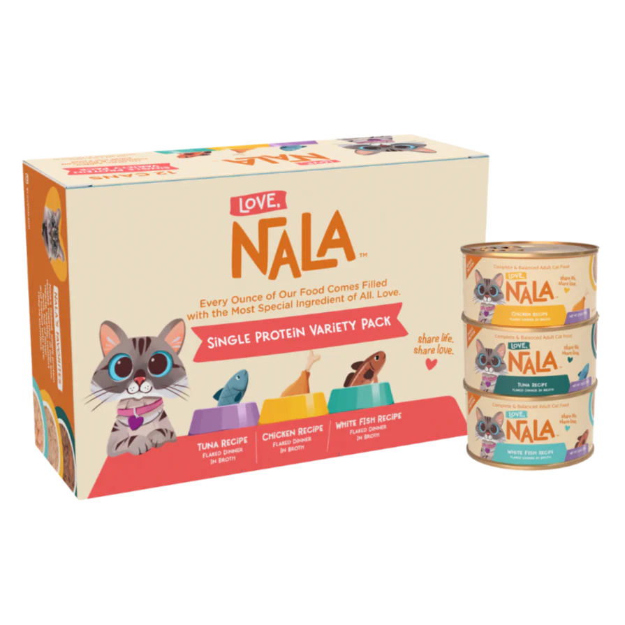 LOVE, NALA - Single Protein Flaked Wet Cat Food Variety Pack - Chicken, Tuna & White Fish - Natural, Hydration Broth, Grain-Free, Human-Grade Protein, Non-GMO, No Gums, No Carrageenan-2.8 oz,12 Cans